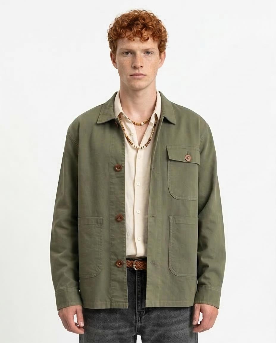 Men's Cotton Canvas Utility Chore Jacket - Olive Green