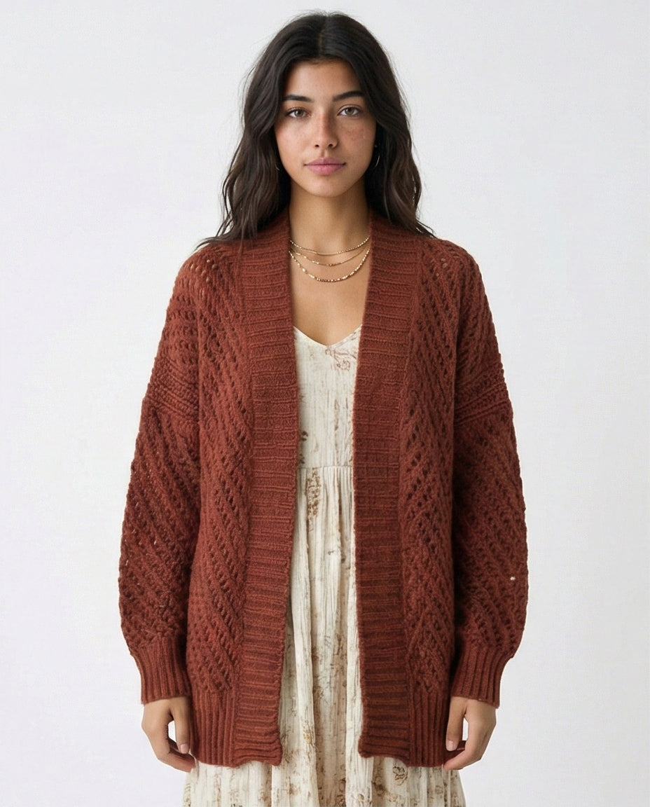 Rustic Earth-Tone Open-Front Textured Knit Cardigan