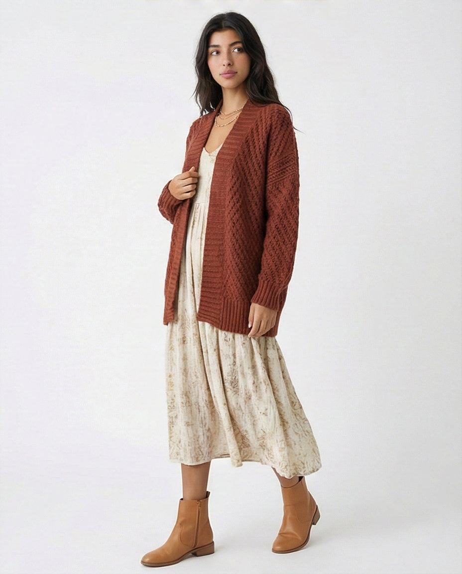 Rustic Earth-Tone Open-Front Textured Knit Cardigan