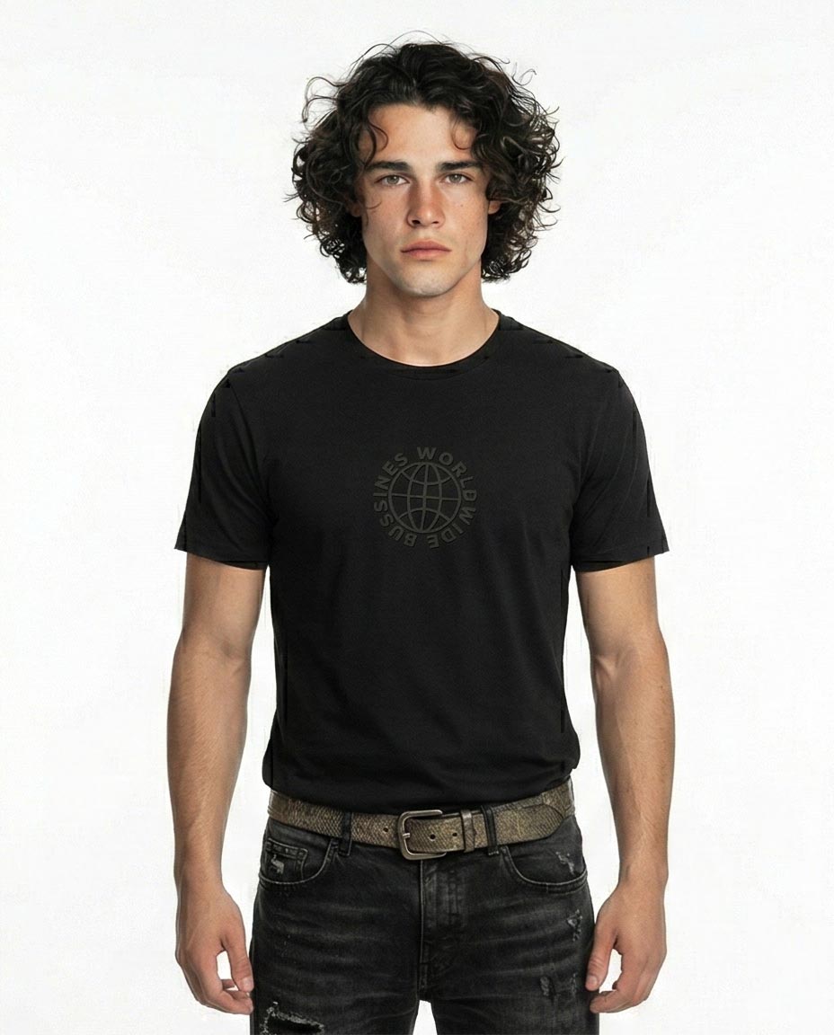 R211619 - "Business World Wide" Cotton Short Sleeves Tee - Black