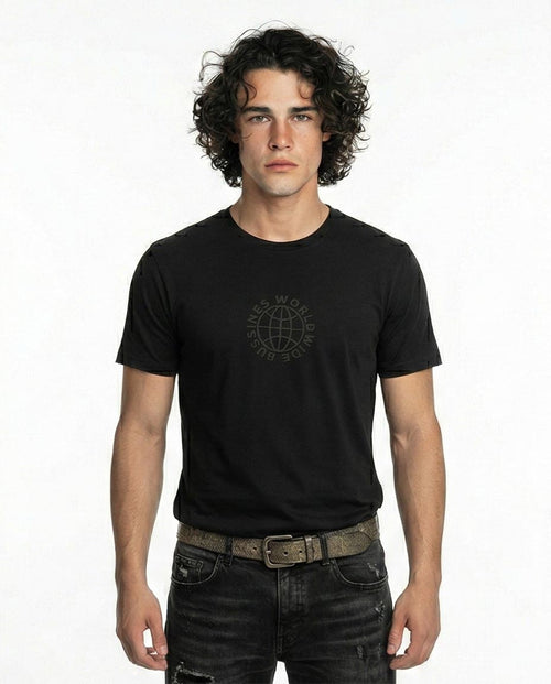 R211619 - "Business World Wide" Cotton Short Sleeves Tee - Black