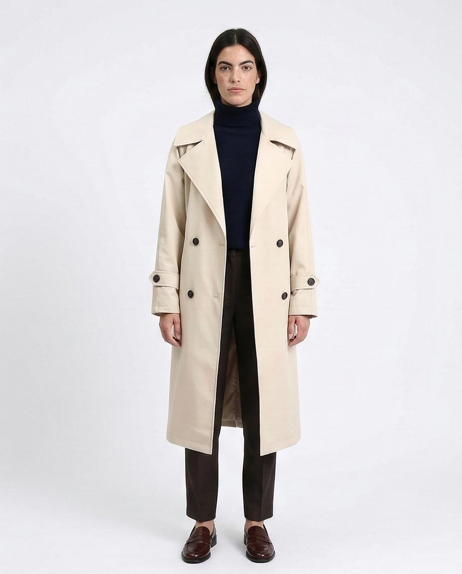 Notched Lapel Buttoned Leather Coat - Cream