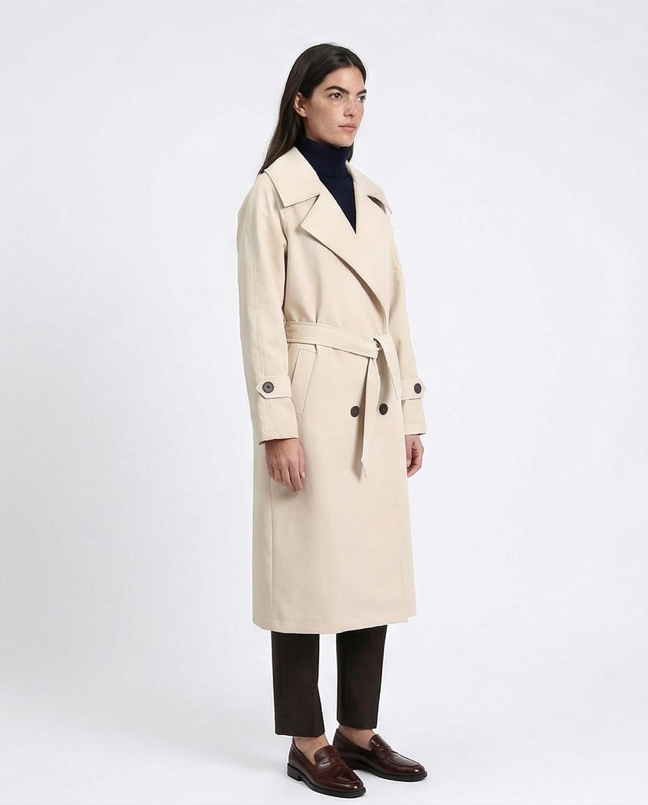R211881 - Notched Lapel Buttoned Leather Coat - Cream