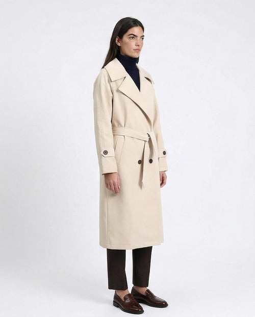 R211881 - Notched Lapel Buttoned Leather Coat - Cream