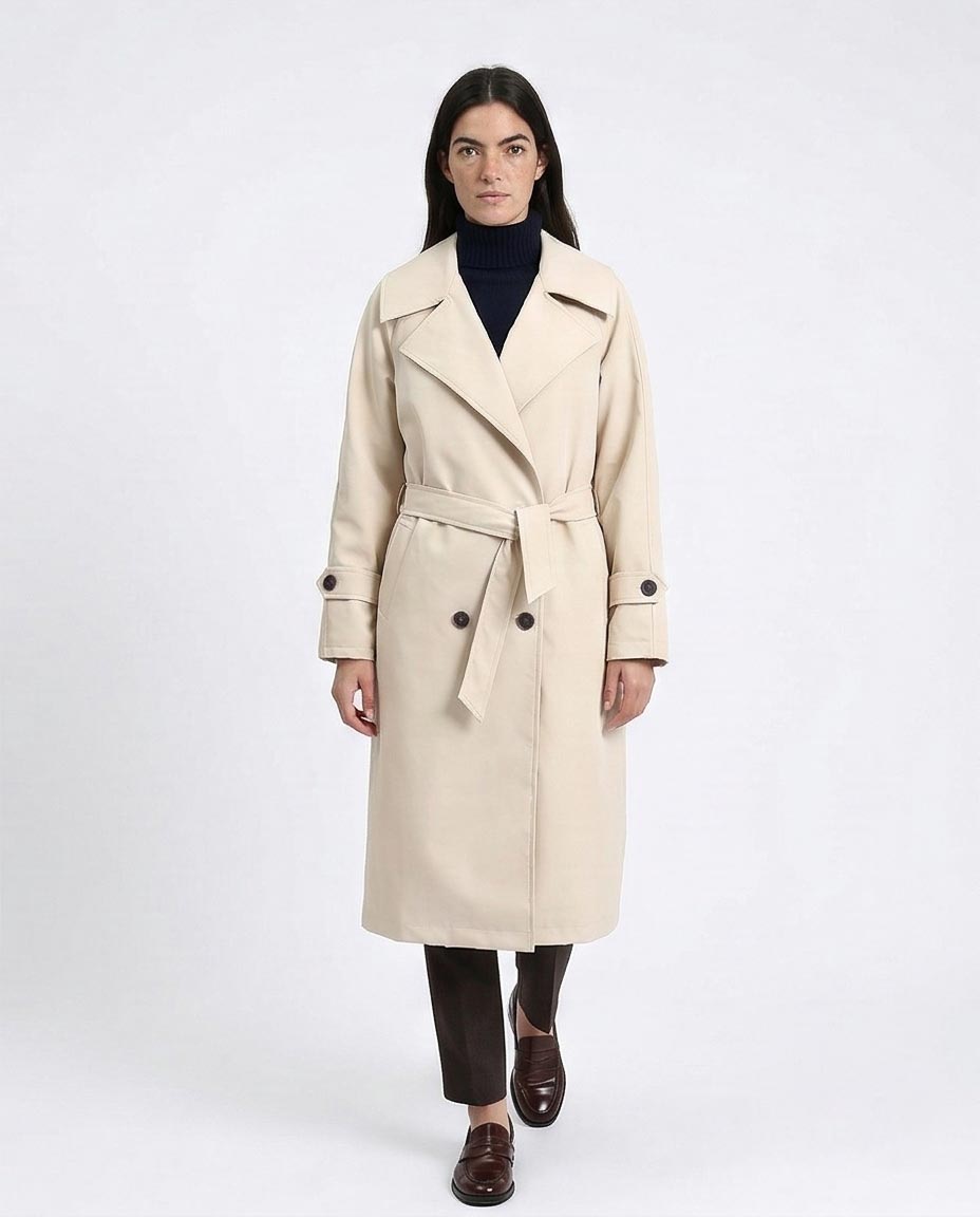 R211881 - Notched Lapel Buttoned Leather Coat - Cream
