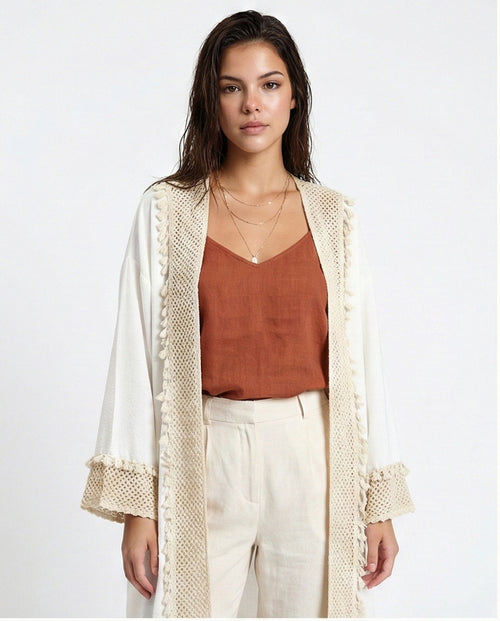 Women's Cream Textured Crochet-Trim Open Cardigan