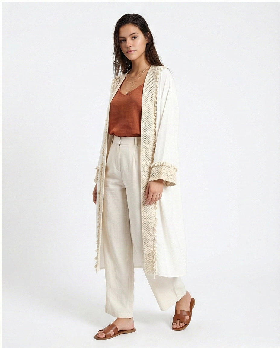 Women's Cream Textured Crochet-Trim Open Cardigan