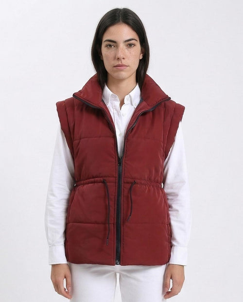 Women's Cinched-Waist Padded Puffer Vest - Burgundy