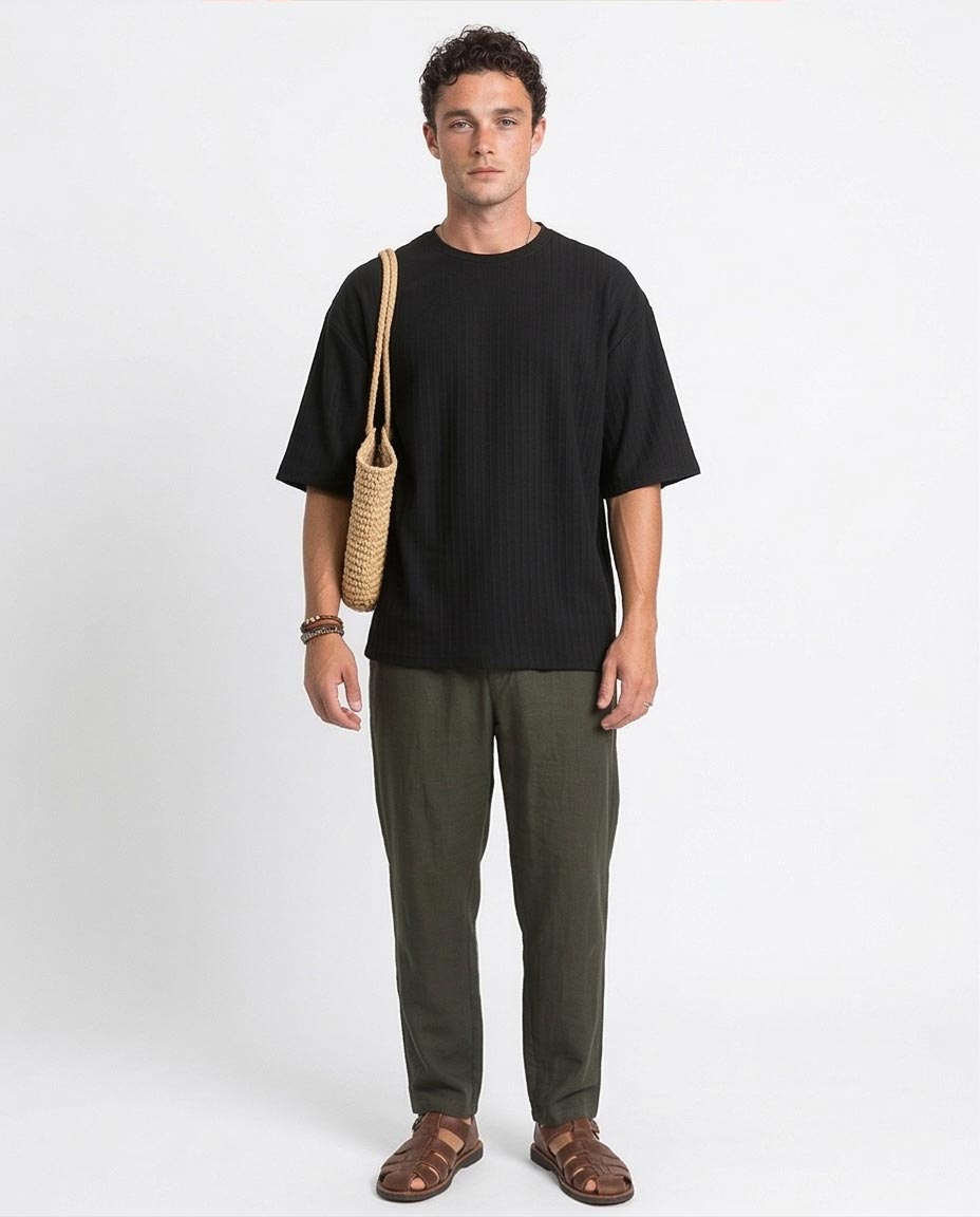 Ravin Men's Oversized Ribbed Cotton-Blend Tee in Jet Black - R212653