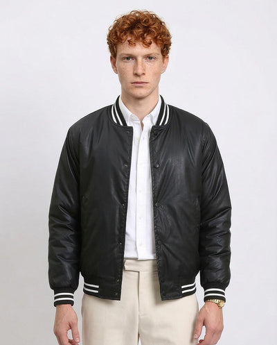 Men's Satin-Finish Heritage Varsity Jacket - Black