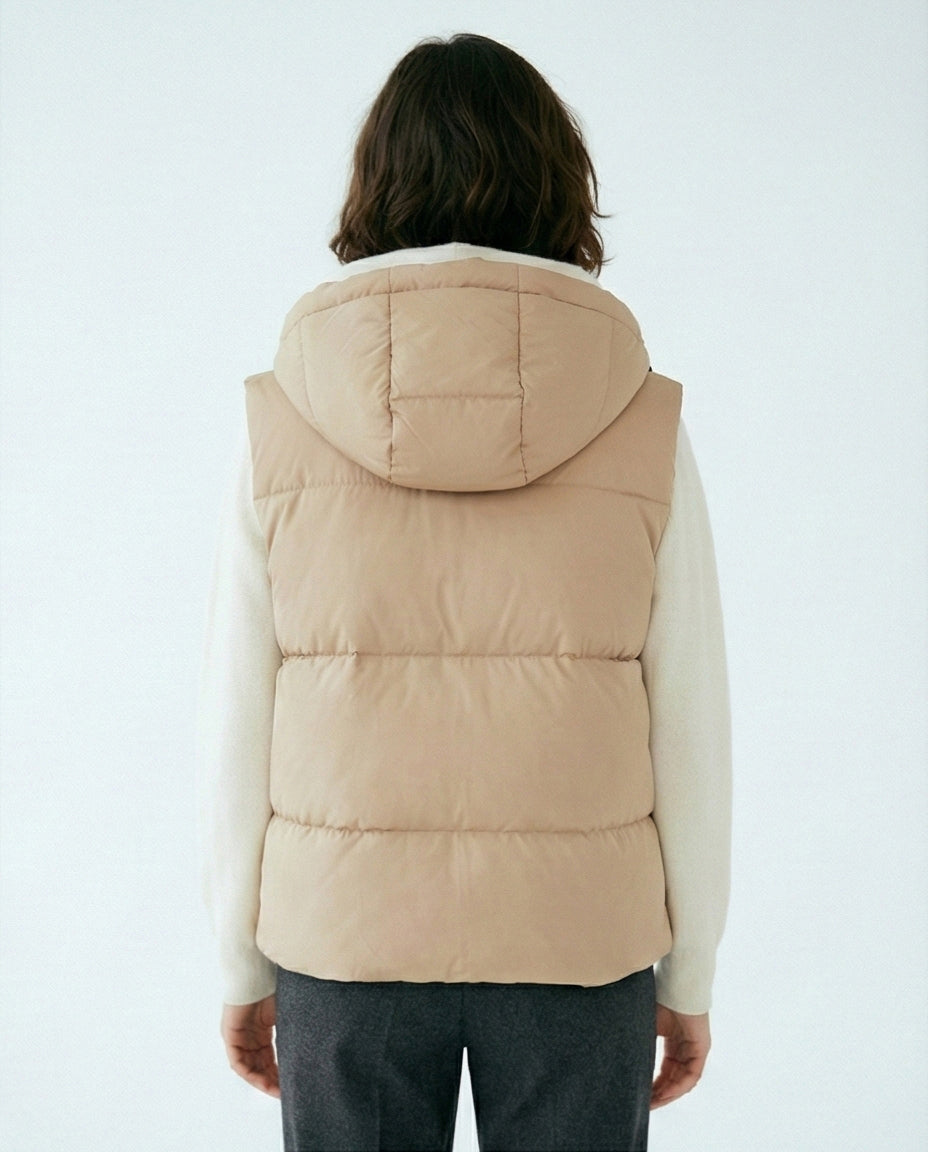 Women's Hooded Puffer Vest in Camel