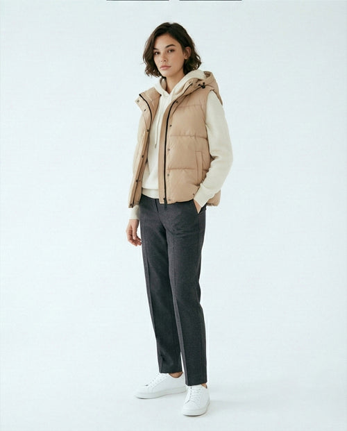 Women's Hooded Puffer Vest in Camel