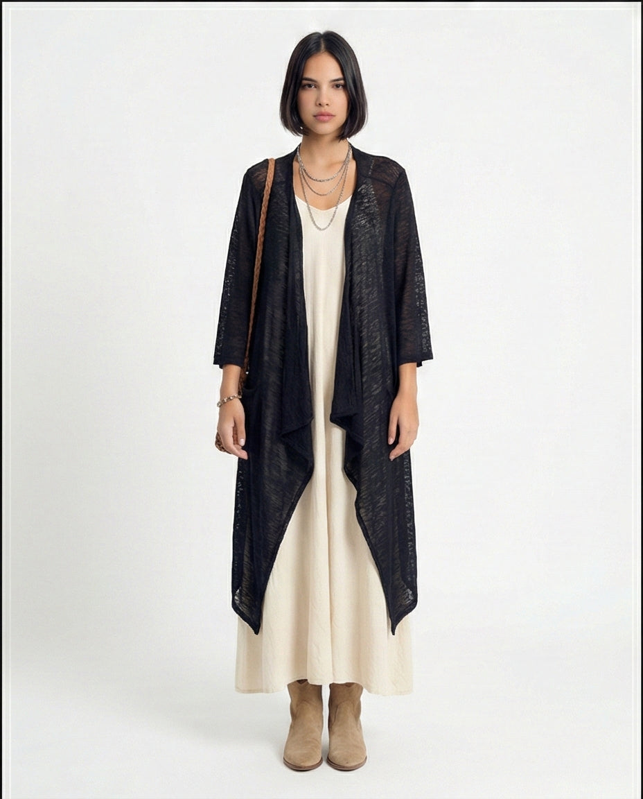 Textured Sheer Slip On Cardigan - Black