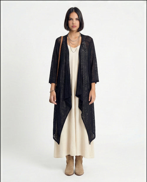 Textured Sheer Slip On Cardigan - Black