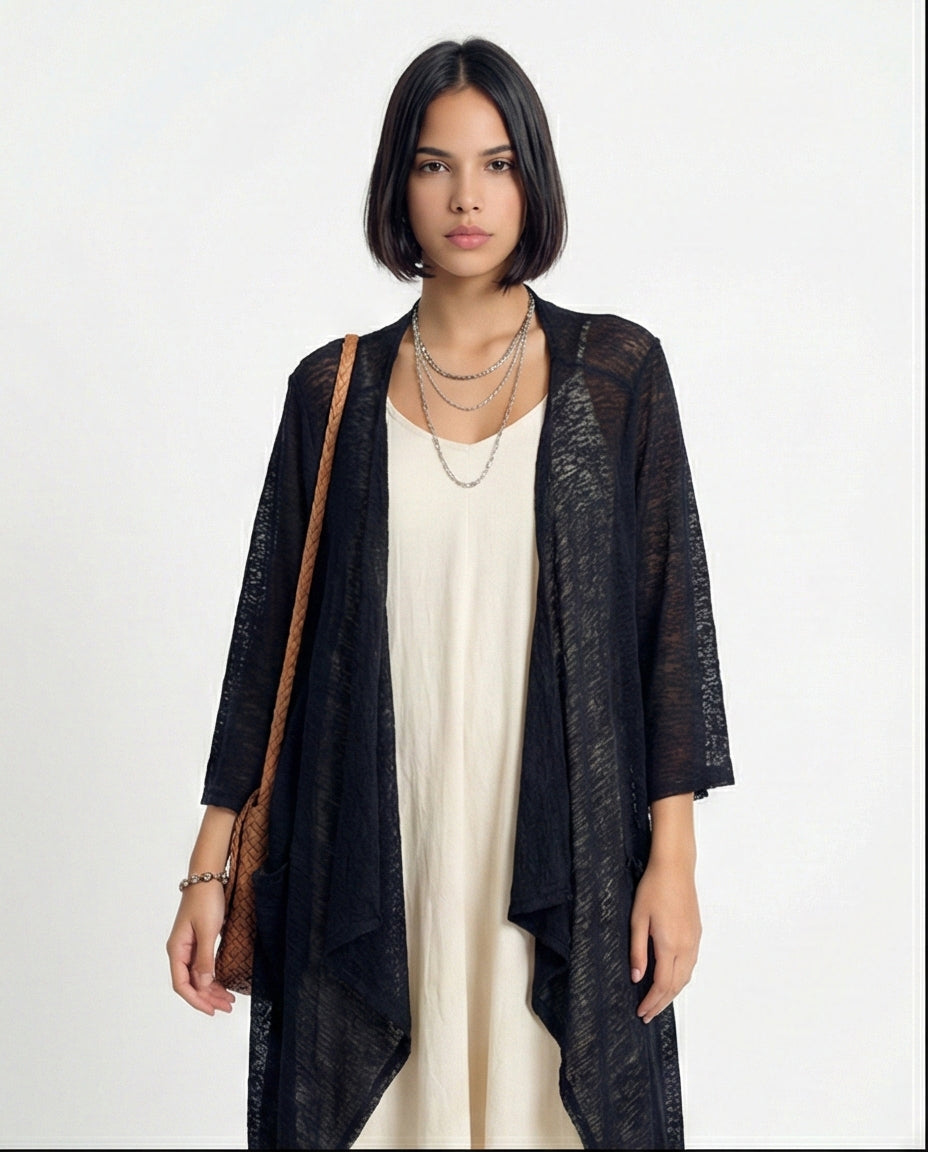 R213605 - Textured Sheer Slip On Cardigan - Black
