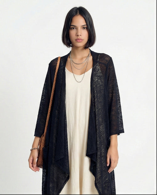 R213605 - Textured Sheer Slip On Cardigan - Black