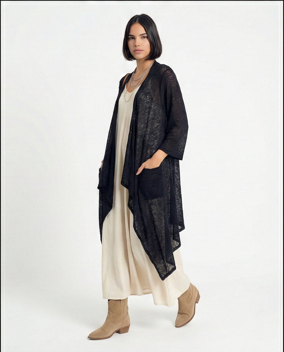 R213605 - Textured Sheer Slip On Cardigan - Black