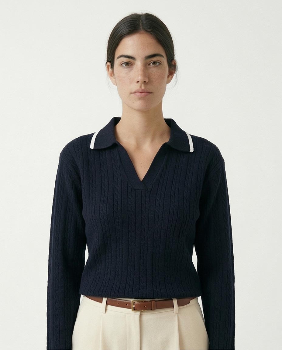 Women's Contrast-Trim Cable Knit Polo Sweater - Black & White