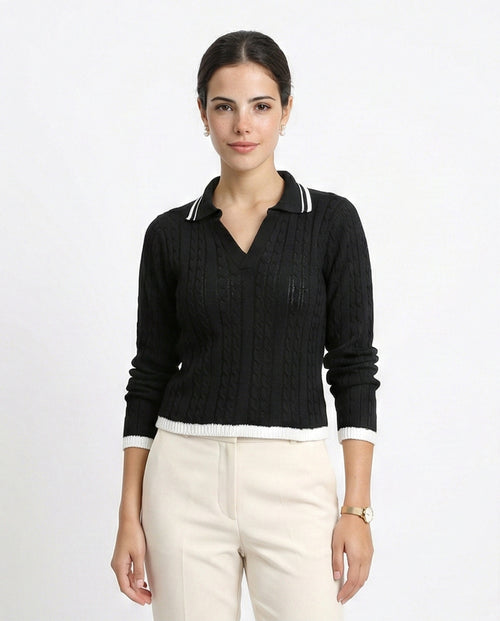 Open V-Neck Slip On Pullover - Black