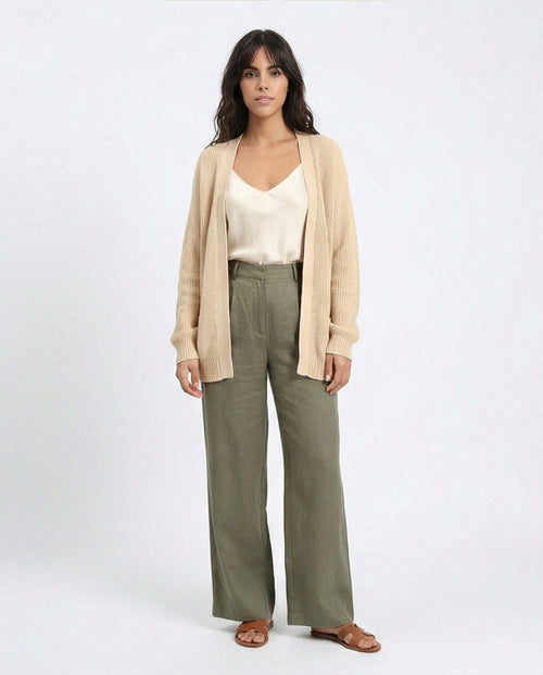 Deep V-Neck Buttoned Casual Cardigan - Beige