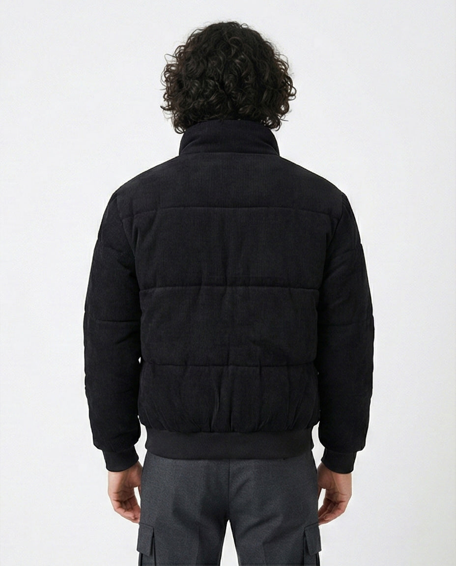 Black Corduroy Texture Puffer Jacket