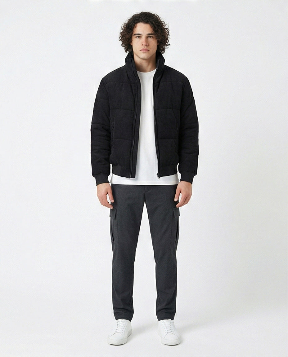 Black Corduroy Texture Puffer Jacket