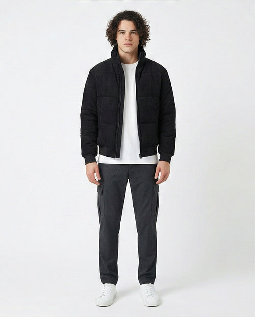 Black Corduroy Texture Puffer Jacket