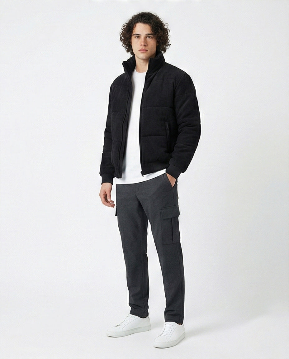 Black Corduroy Texture Puffer Jacket
