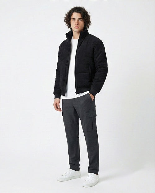 Black Corduroy Texture Puffer Jacket