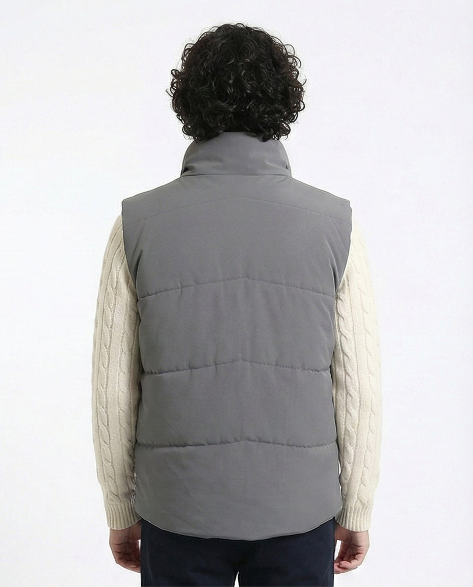 R214180 - Stand Collar Solid Puffer Vest - Medium Grey