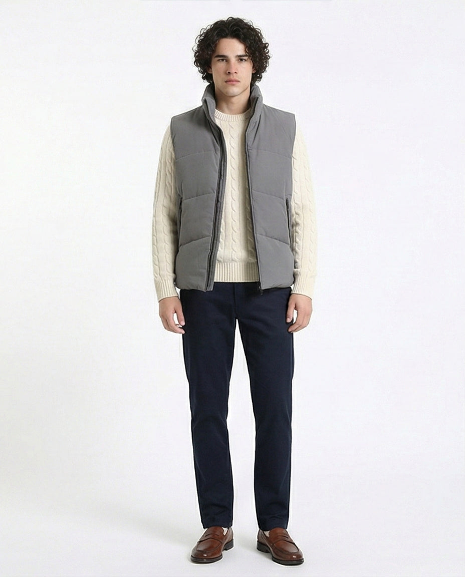 R214180 - Stand Collar Solid Puffer Vest - Medium Grey
