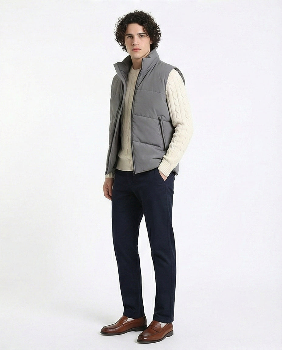 R214180 - Stand Collar Solid Puffer Vest - Medium Grey