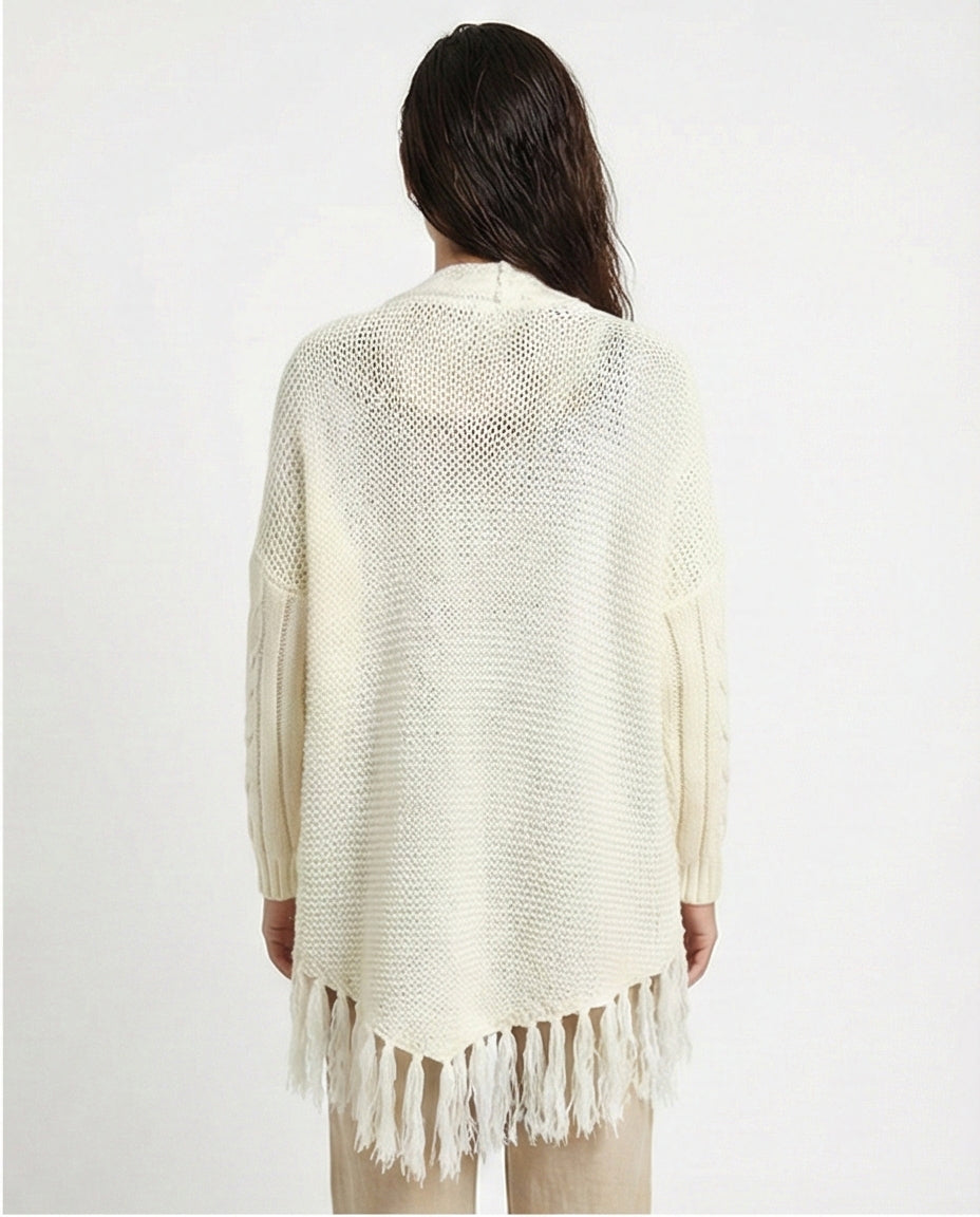 Cream Cable-Knit Fringed Cardigan