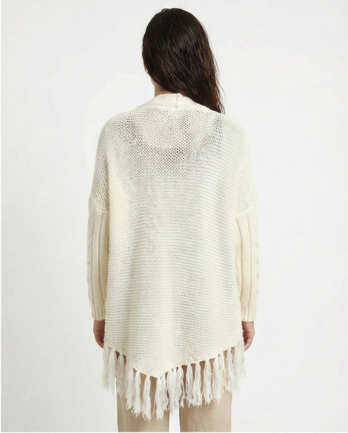 Cream Cable-Knit Fringed Cardigan