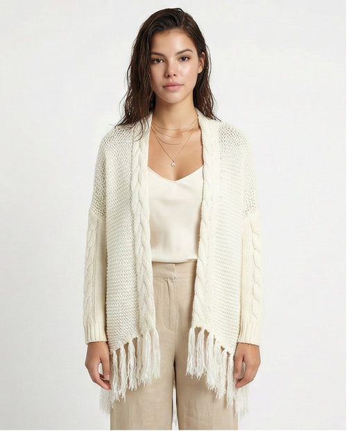 Cream Cable-Knit Fringed Cardigan