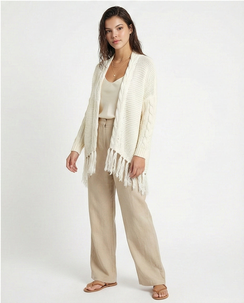Cream Cable-Knit Fringed Cardigan