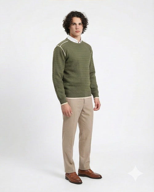 R214492 - Slip On Sweater with Piping Detail - Dark Olive