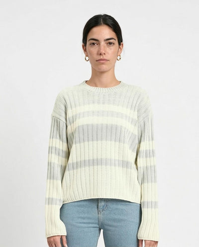 Women's Striped Vertical Rib Knit Crewneck Sweater - Light Grey & White