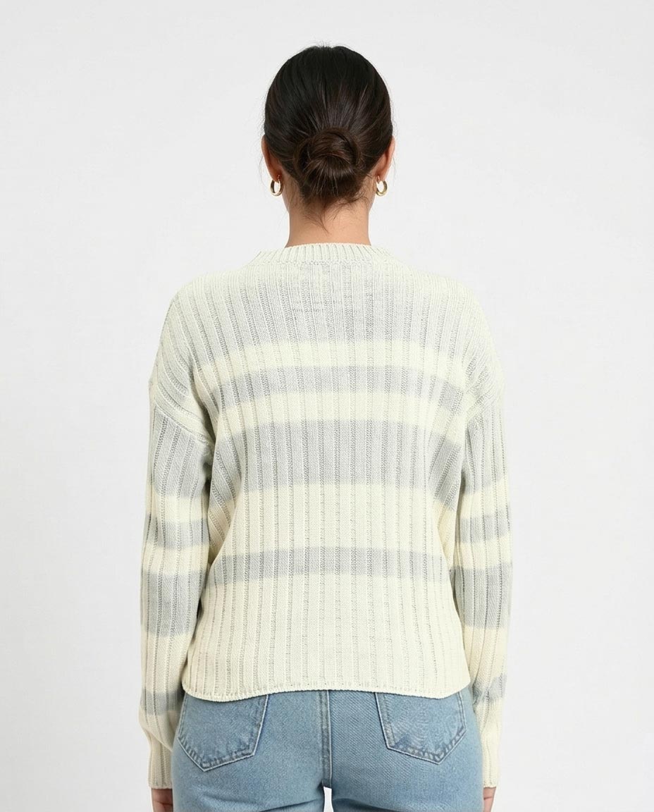 Ravin | Women’s Striped Vertical Rib Knit Crewneck Sweater - Light Grey & White - R215285