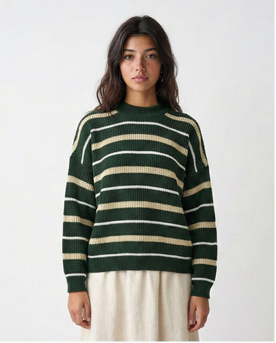 Tri-Tone Striped Winter Pullover - Dark Green, White & Beige