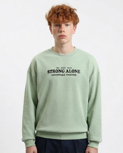 Men's "strong Alone" Waffle Knit Graphic Sweatshirt Embroidery - Mint