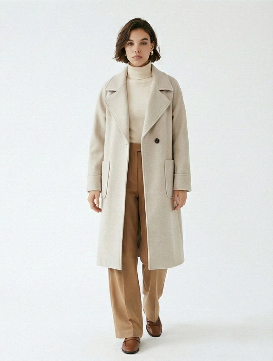 Beige Soft-Touch Tailored Midi Coat