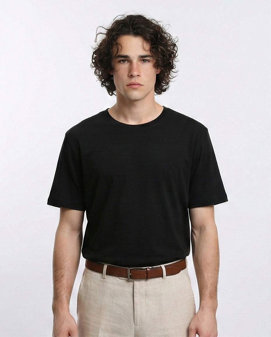 Elbow-Sleeves Cotton Relaxed Basic Tee - Black