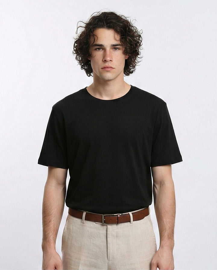 Elbow-Sleeves Cotton Relaxed Basic Tee - Black
