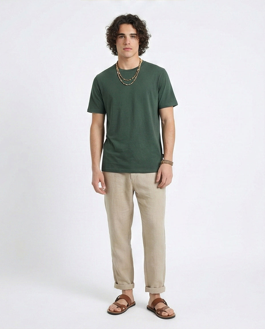 R216114 - Elbow Sleeves Solid Regular Fit Tee - Dark Jade