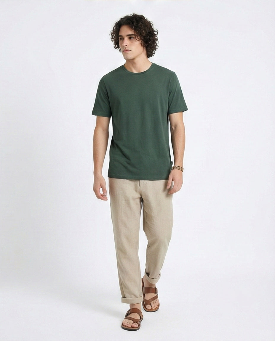 R216114 - Elbow Sleeves Solid Regular Fit Tee - Dark Jade