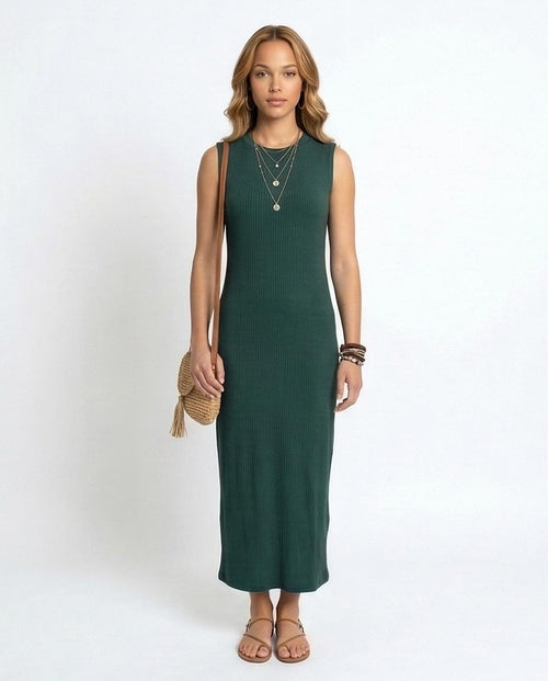RAVIN Women’s Sleeveless Ribbed Maxi Dress – Forest Green -R216161