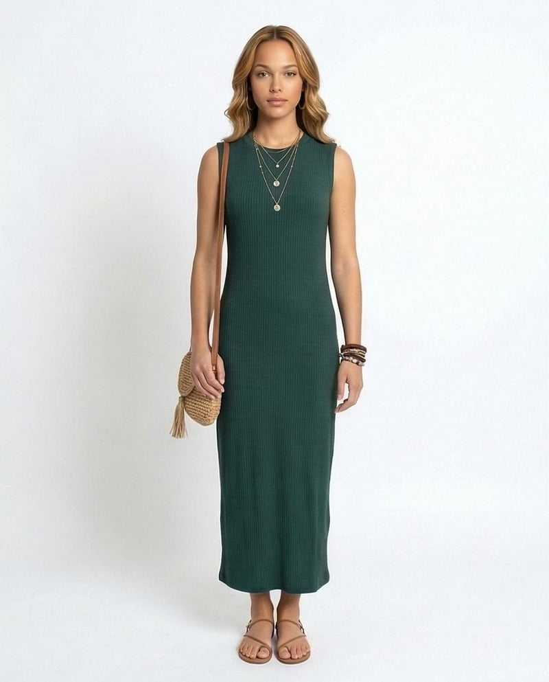 RAVIN Women’s Sleeveless Ribbed Maxi Dress – Forest Green -R216161