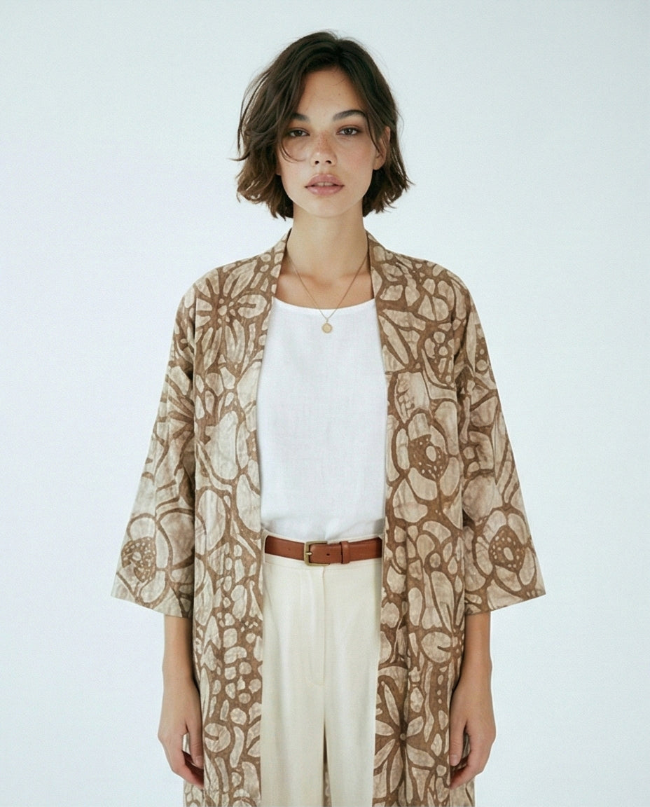 Floral Print Open-Front Long Cardigan