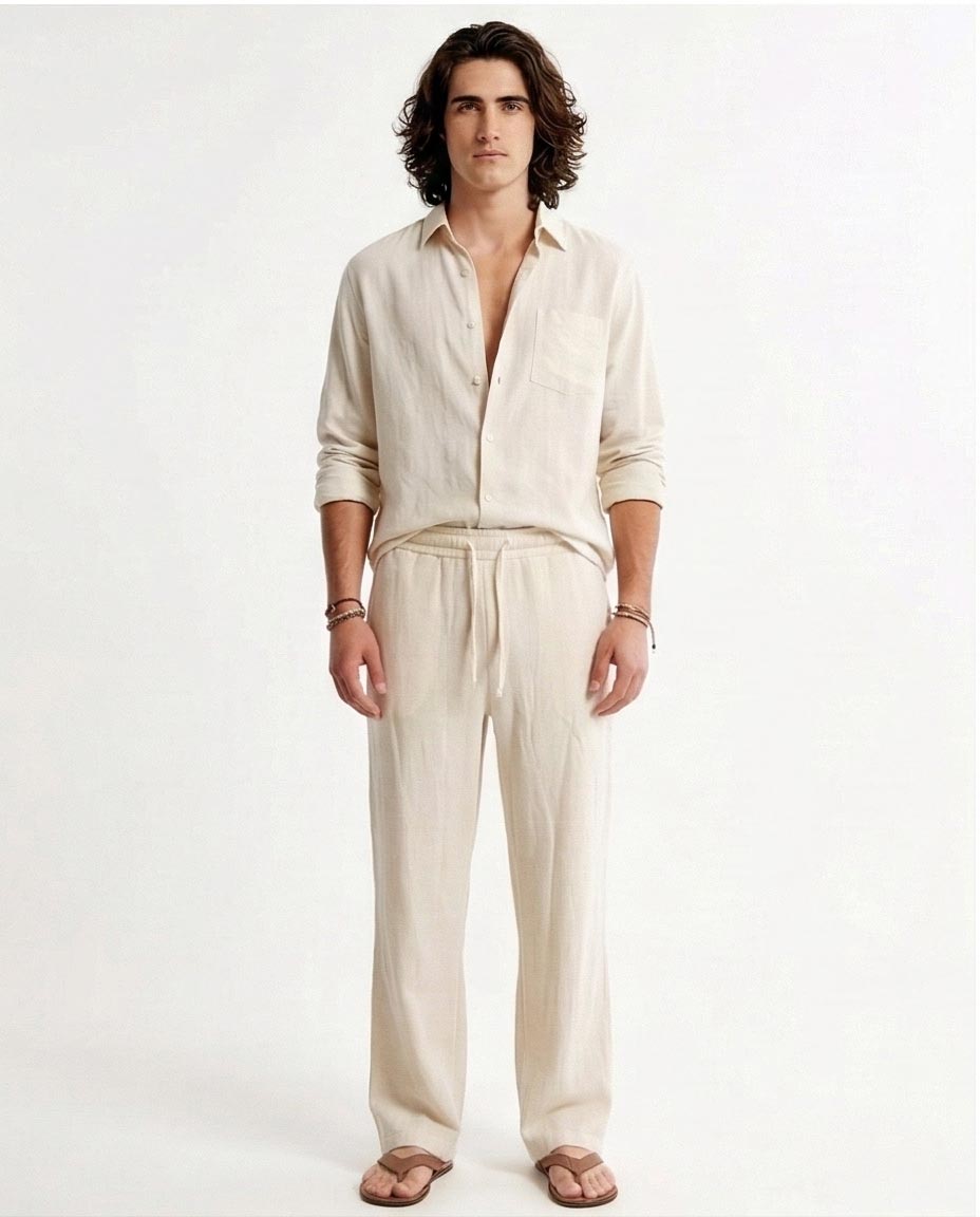 Essential Off-White Textured Linen-Feel Drawstring Trousers